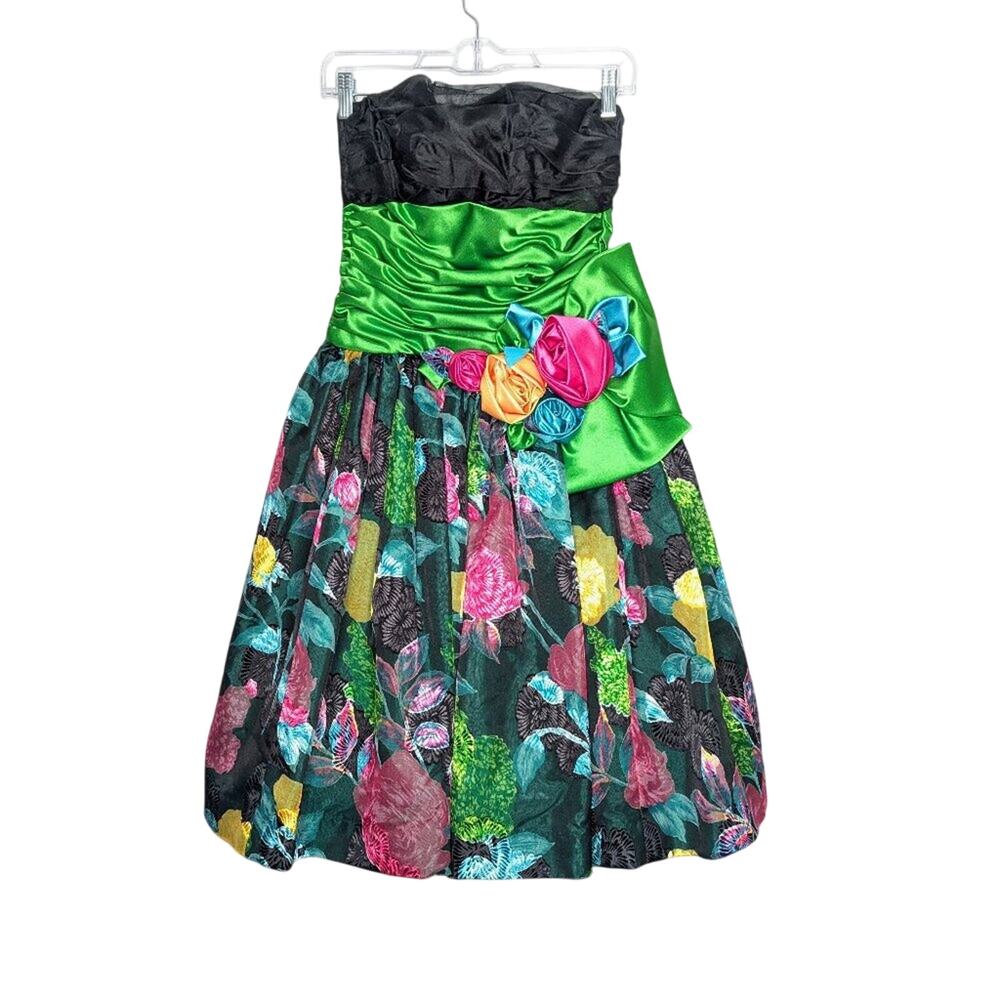 Lillie Rubin Vintage 80's Black Green Floral Print Strapless Party Dress Size 4